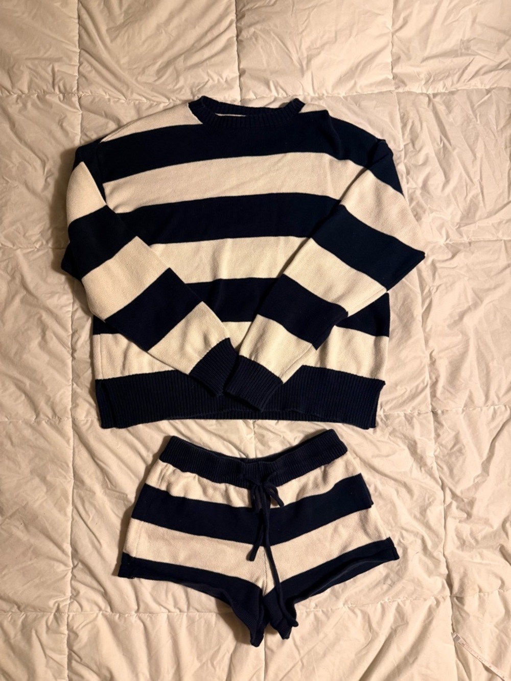Edikted Navy and White Striped Knit Sweater & Shorts Set